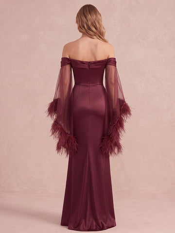 Wine Red Mermaid Feather Maxi Satin Wedding Guest Dresses Off Shoulder Evening Dresses