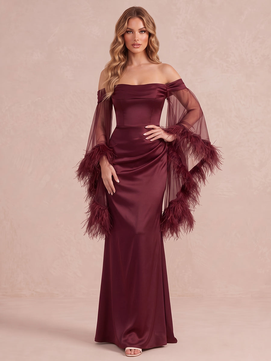 Wine Red Mermaid Feather Maxi Satin Wedding Guest Dresses Off Shoulder Evening Dresses