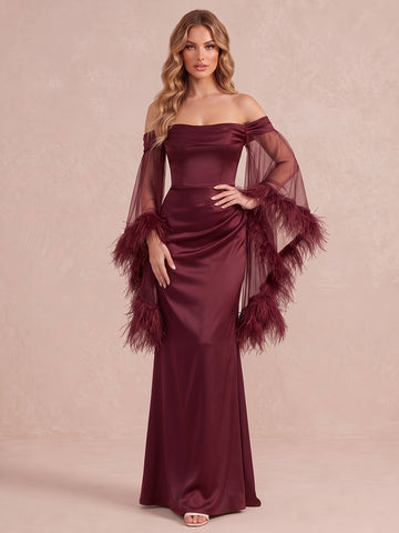 Wine Red Mermaid Feather Maxi Satin Wedding Guest Dresses Off Shoulder Evening Dresses