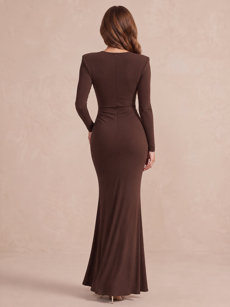 Brown Sheath Draped Wrap Maxi Stretchy Jersey Wedding Guest Dresses Deep V Neck Formal Dresses