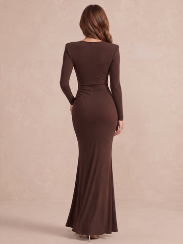 Brown Sheath Draped Wrap Maxi Stretchy Jersey Wedding Guest Dresses Deep V Neck Formal Dresses