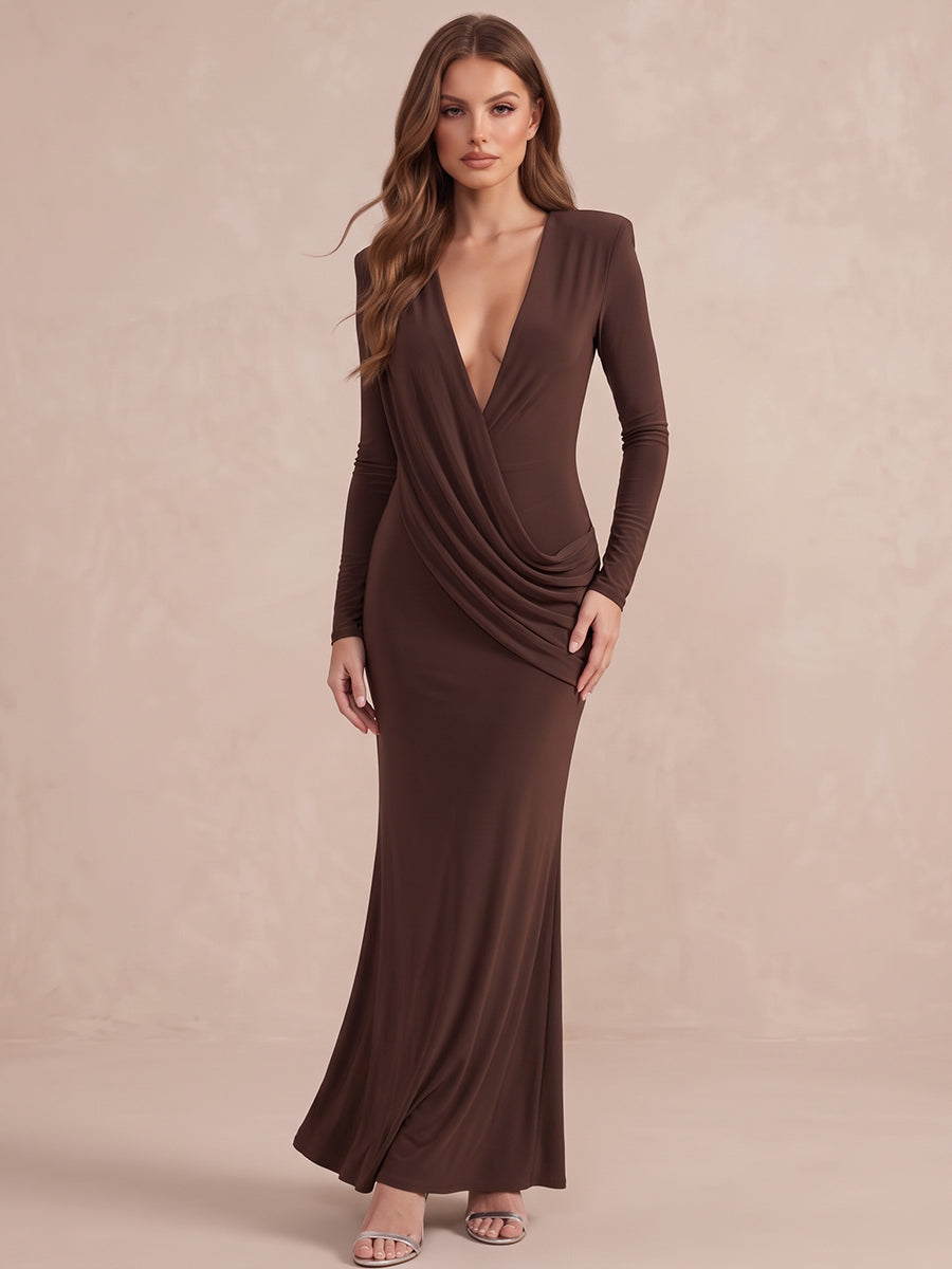 Brown Sheath Draped Wrap Maxi Stretchy Jersey Wedding Guest Dresses Deep V Neck Formal Dresses