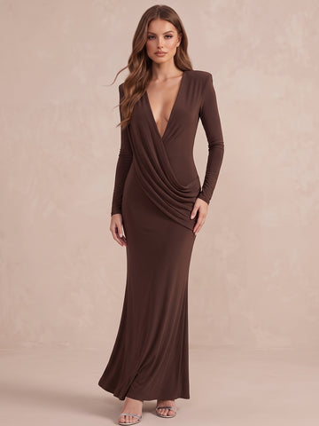 Brown Sheath Draped Wrap Maxi Stretchy Jersey Wedding Guest Dresses Deep V Neck Formal Dresses