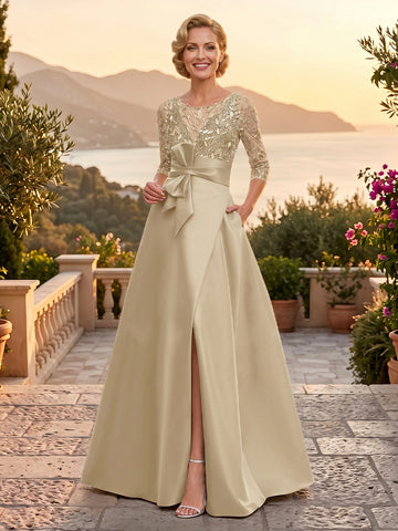 Sequin A Line Round Neck 3/4 Sleeves Satin Mother of the Bride Dresses with Pockets