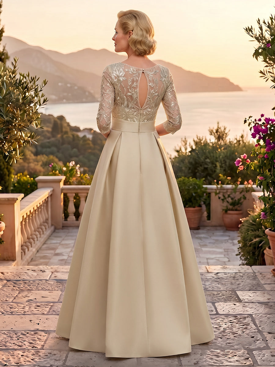 Sequin A Line Round Neck 3/4 Sleeves Satin Mother of the Bride Dresses with Pockets
