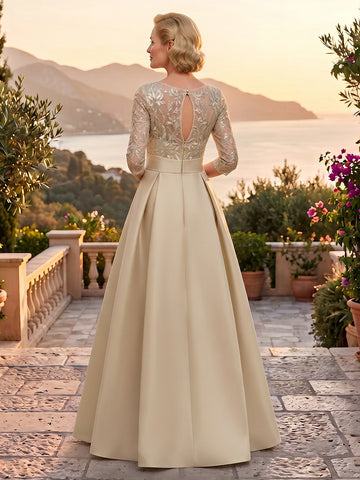 Sequin A Line Round Neck 3/4 Sleeves Satin Mother of the Bride Dresses with Pockets