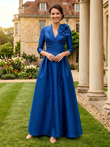Satin A Line V Neck 3/4 Sleeves Satin Mother of the Bride Dresses