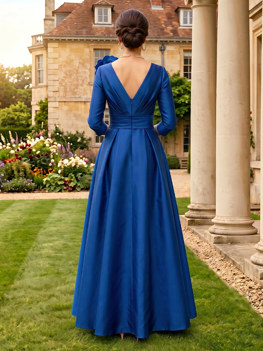 Satin A Line V Neck 3/4 Sleeves Satin Mother of the Bride Dresses