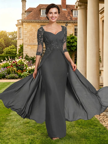 Chiffon Mermaid 3/4 Sleeves Mother of the Bride Dresses with Train