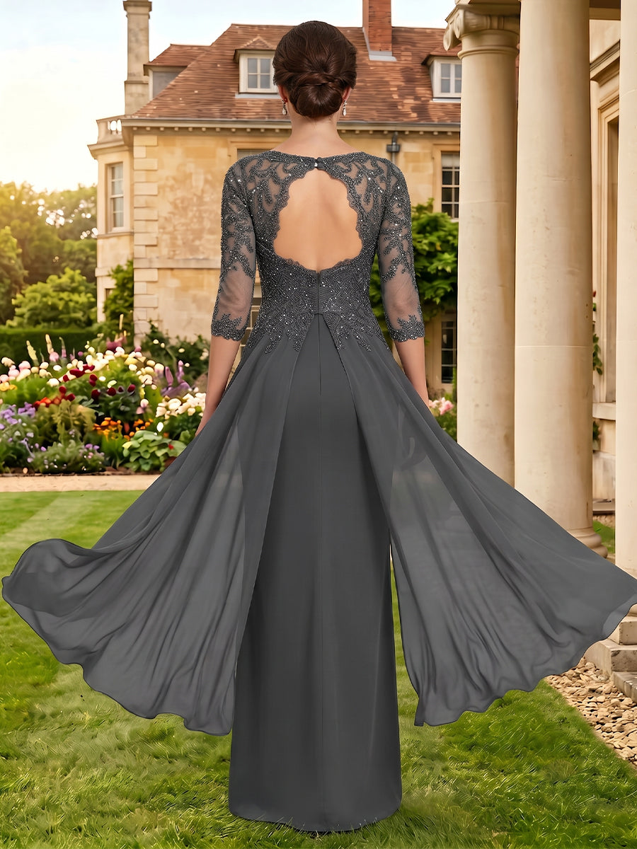 Chiffon Mermaid 3/4 Sleeves Mother of the Bride Dresses with Train