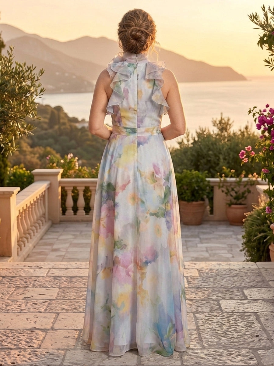A Line High Neck Sleeveless Long Mother of the Bride Dresses with Slit