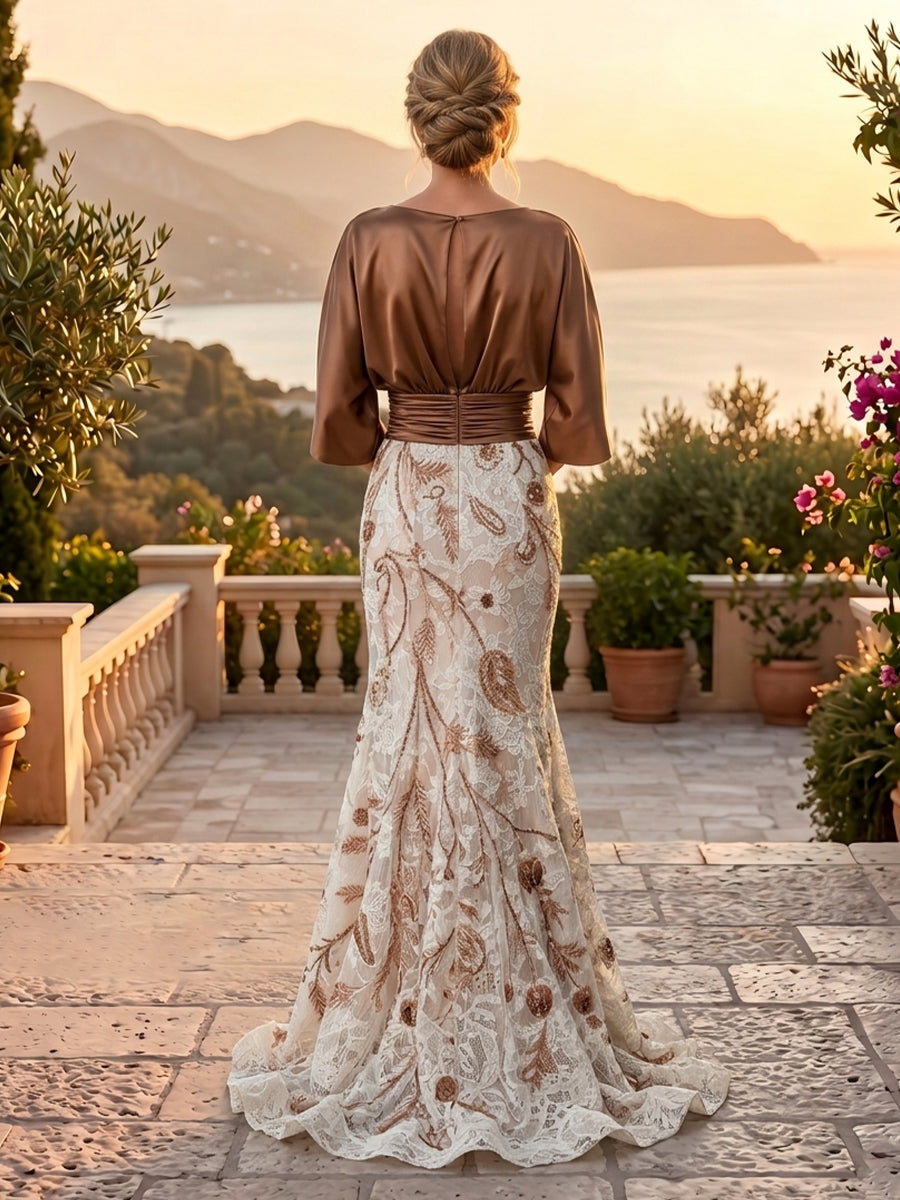 Mermaid Boat Neck 3/4 Sleeves Long Mother of the Bride Dresses