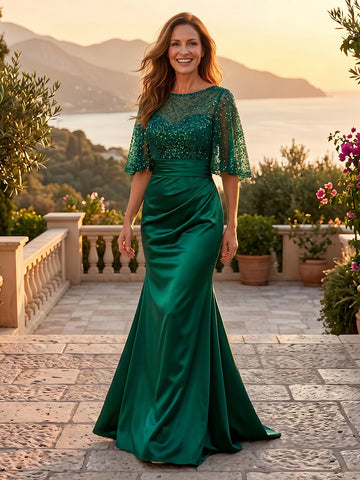 Mermaid Boat Neck Half Sleeves Long Mother of the Bride Dresses