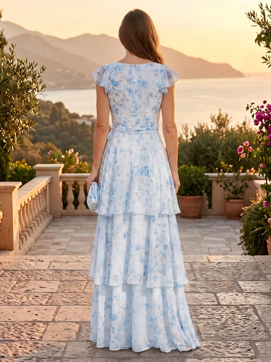 A Line V Neck Short Sleeves Long Mother of the Bride Dresses with Belt