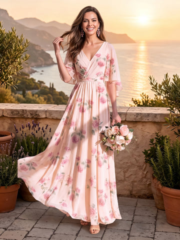 A Line V Neck Half Sleeves Long Mother of the Bride Dresses