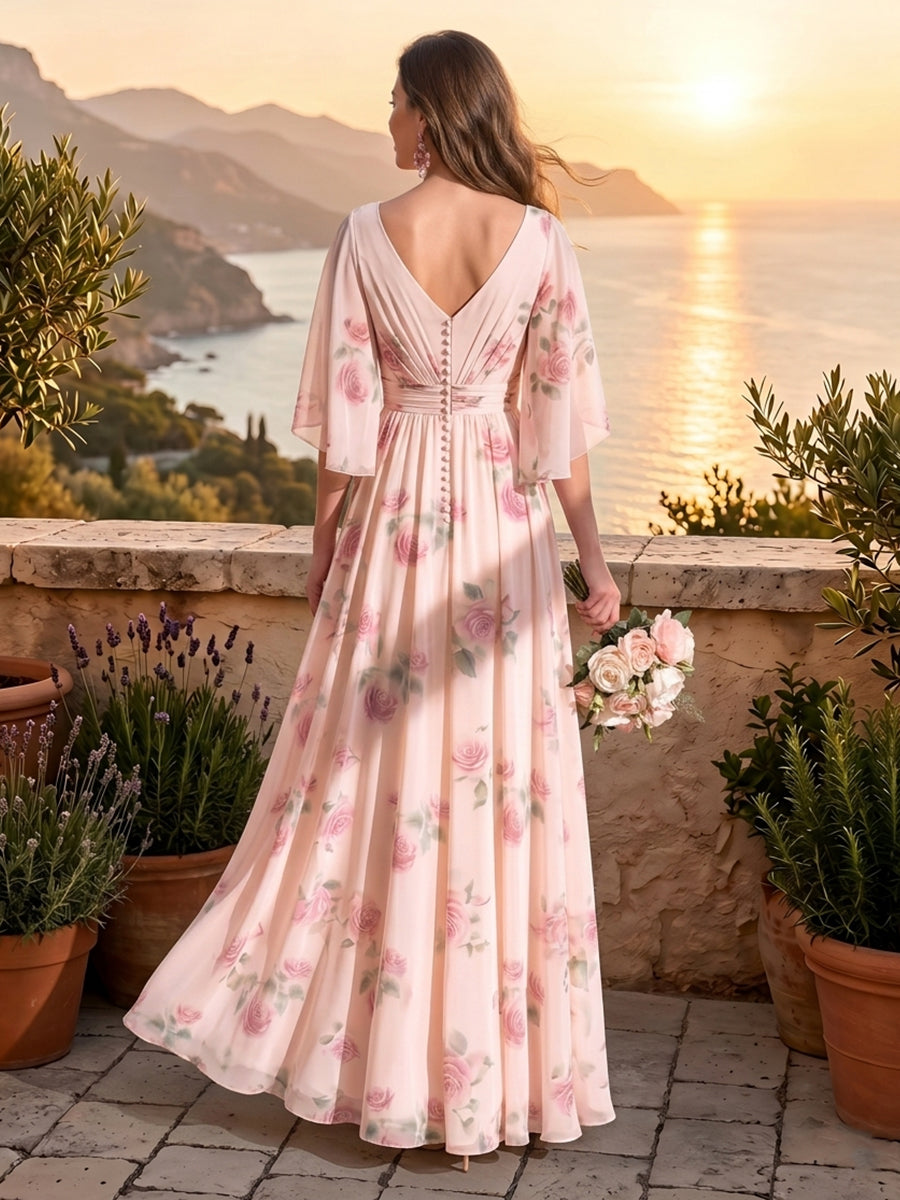 A Line V Neck Half Sleeves Long Mother of the Bride Dresses