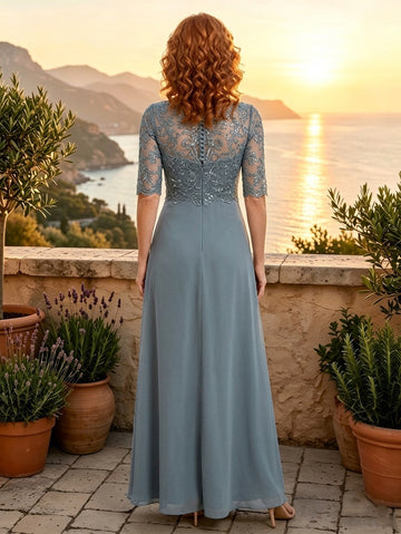 A Line V Neck Half Sleeves Long Mother of the Bride Dresses