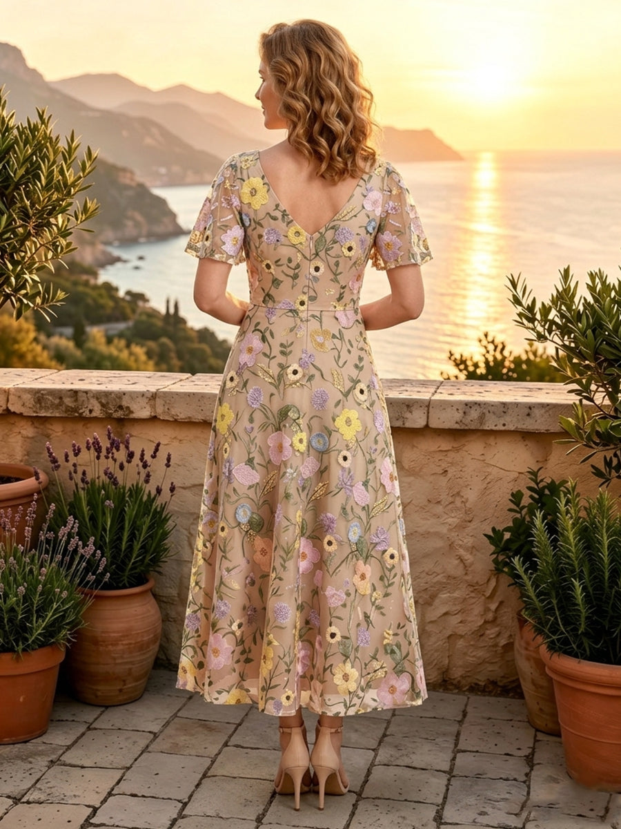 A Line V Neck Short Sleeves Long Mother of the Bride Dresses