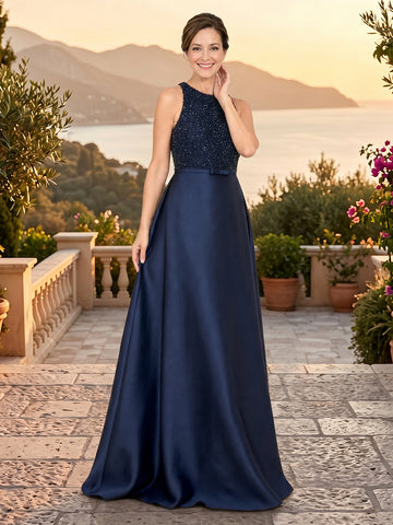 A Line Round Neck Sleeveless Long Mother of the Bride Dresses
