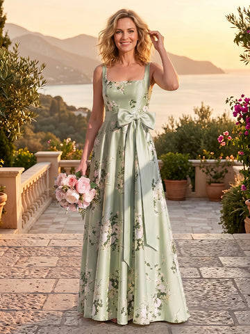 A Line Square Neck Sleeveless Long Mother of the Bride Dresses with Bow