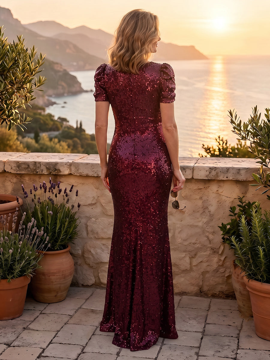 Mermaid Sequins Round Neck Short Sleeves Long Mother of the Bride Dresses