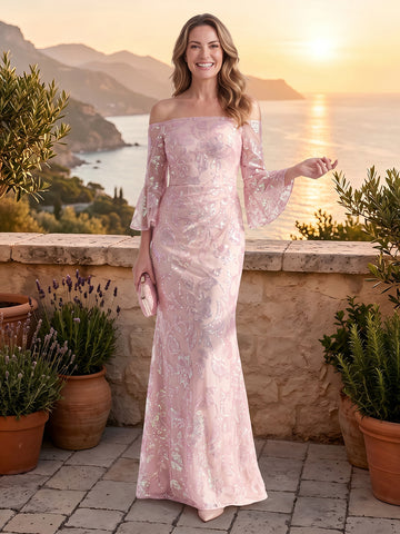 Mermaid Sequins Off the Shoulder Long Sleeves Mother of the Bride Dresses