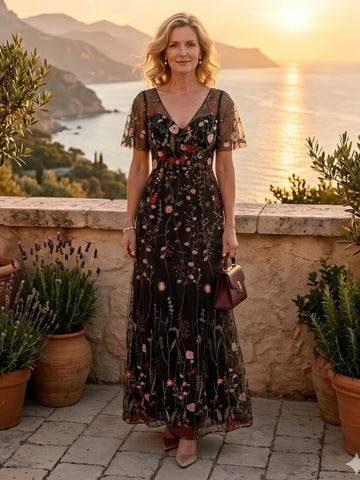 A Line V Neck Short Sleeves Long Mother of the Bride Dresses