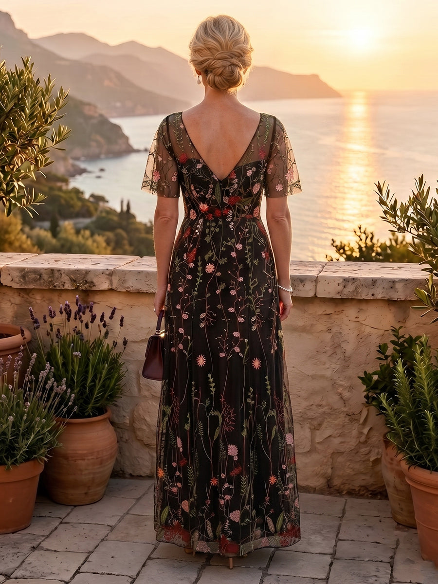 A Line V Neck Short Sleeves Long Mother of the Bride Dresses