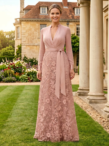 Lace Appliques A Line V Neck Long Sleeves Mother of the Bride Dresses