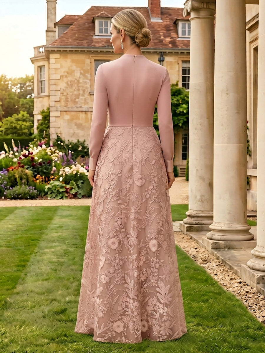 Lace Appliques A Line V Neck Long Sleeves Mother of the Bride Dresses