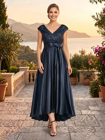 Satin A Line High Low Cap Sleeves Tea Length Mother of the Bride Dresses