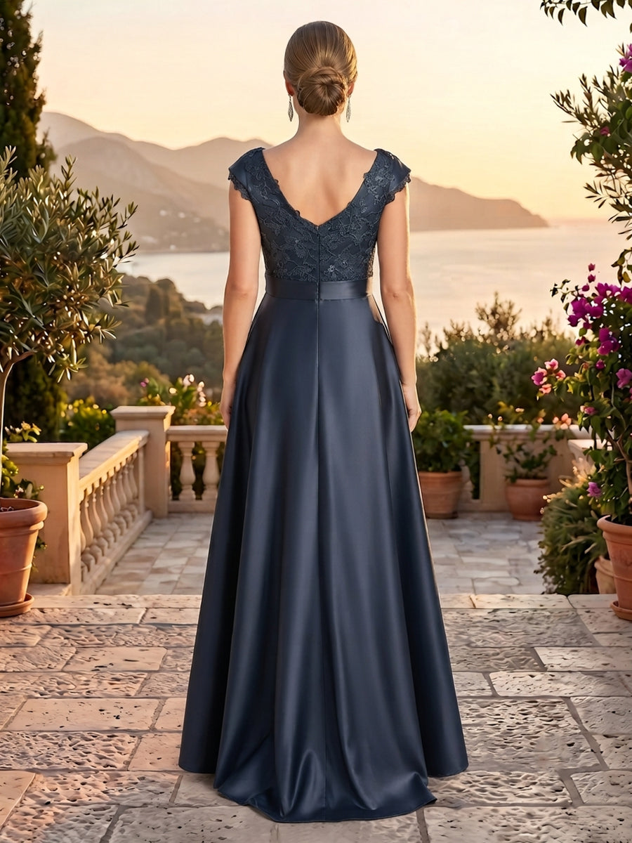 Satin A Line High Low Cap Sleeves Tea Length Mother of the Bride Dresses