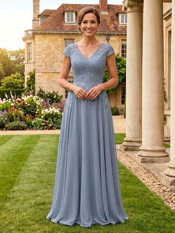 Lace Appliques V Neck A Line Short Sleeves Mother of the Bride Dresses
