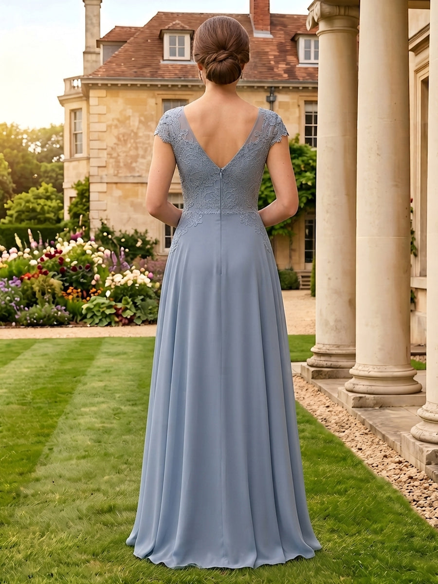 Lace Appliques V Neck A Line Short Sleeves Mother of the Bride Dresses