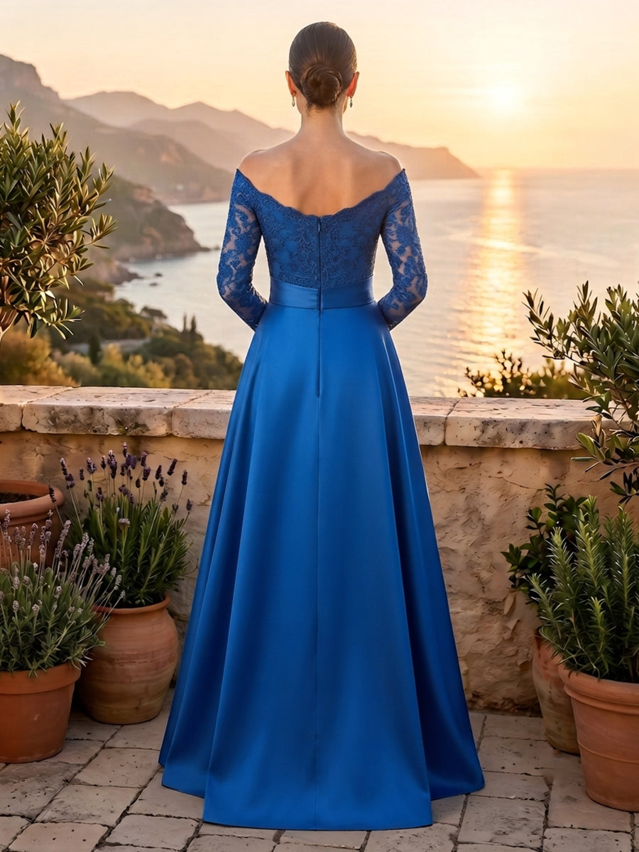 Satin A Line Lace Appliques Long Sleeves Mother of the Bride Dresses with Slit