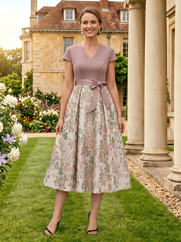 Jacquard Satin A Line Short Sleeves Tea Length Mother of the Bride Dresses