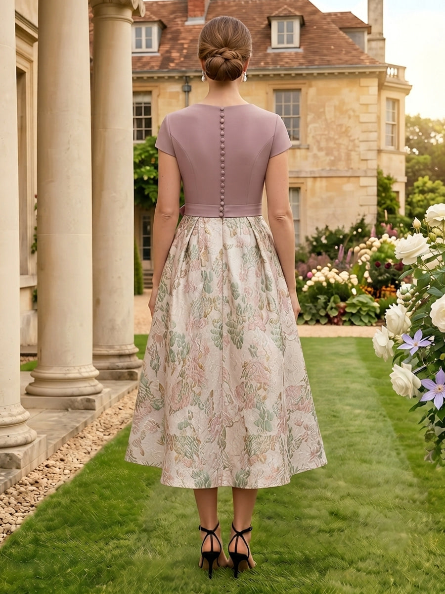 Jacquard Satin A Line Short Sleeves Tea Length Mother of the Bride Dresses