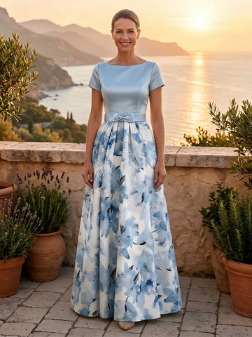 Satin Jacquard A Line Round Neck Short Sleeves Mother of the Bride Dresses