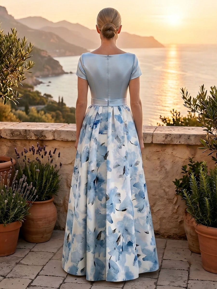Satin Jacquard A Line Round Neck Short Sleeves Mother of the Bride Dresses