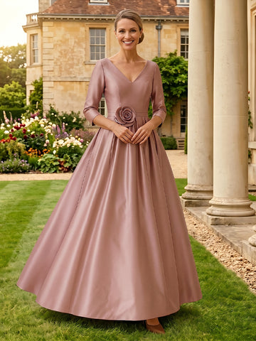 Satin A Line V Neck Long Sleeves Mother of the Bride Dresses with Flower