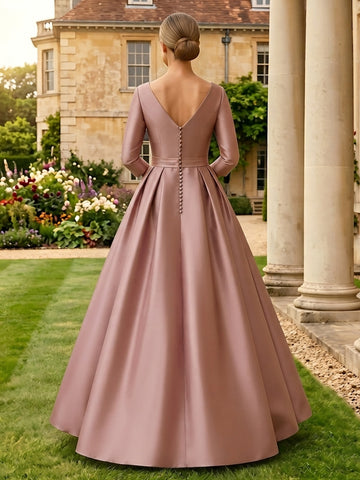 Satin A Line V Neck Long Sleeves Mother of the Bride Dresses with Flower