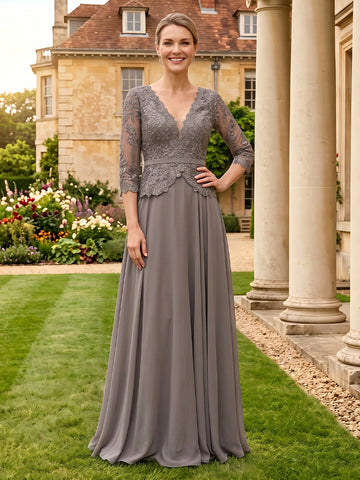 Lace Appliques A Line 3/4 Sleeves Floor Length Mother of the Bride Dresses