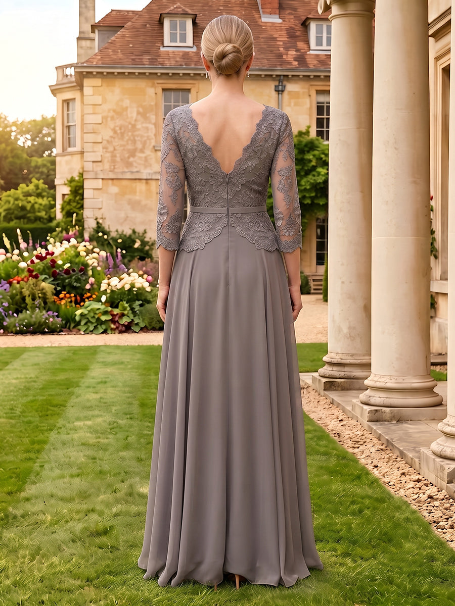 Lace Appliques A Line 3/4 Sleeves Floor Length Mother of the Bride Dresses