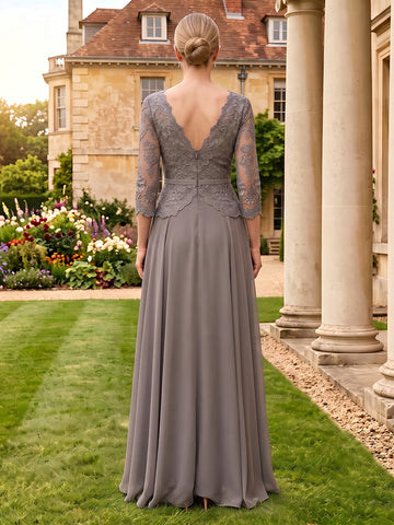 Lace Appliques A Line 3/4 Sleeves Floor Length Mother of the Bride Dresses