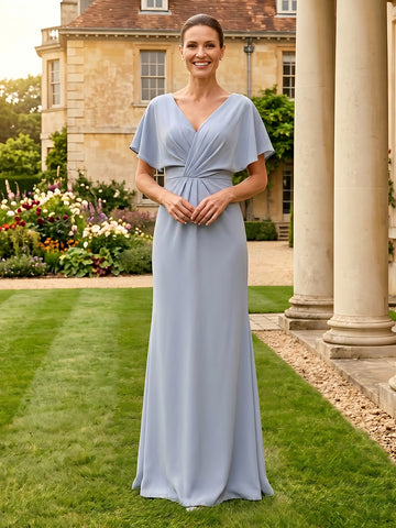Satin A Line Short Sleeves Mother of the Bride Dresses with Pleated