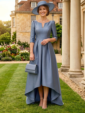 Satin V Neck A Line High Low 3/4 Sleeves Mother of the Bride Dresses