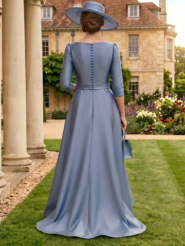Satin V Neck A Line High Low 3/4 Sleeves Mother of the Bride Dresses