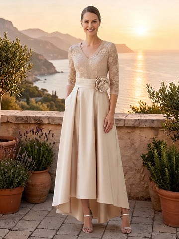 Lace Appliques V Neck A Line 3/4 Sleeves High Low Mother of the Bride Dresses