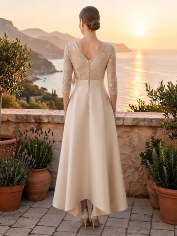 Lace Appliques V Neck A Line 3/4 Sleeves High Low Mother of the Bride Dresses