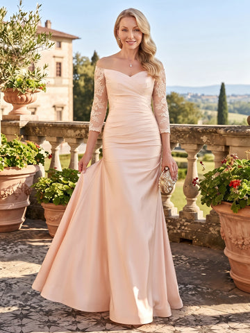 Satin Mermaid Off the Shoulder Mother of the Bride Dresses with 3/4 Sleeves